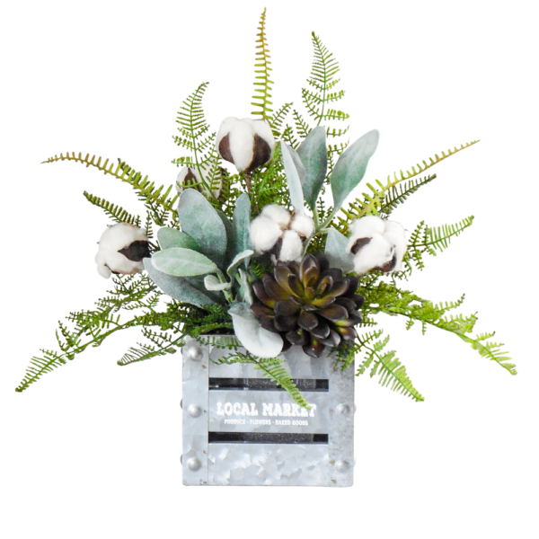 Farmhouse Cotton & Lamb's Ear Silk Display in Tin Crate
