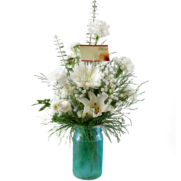 White Garden Mix Fresh Arrangement - Blue Mason Jar